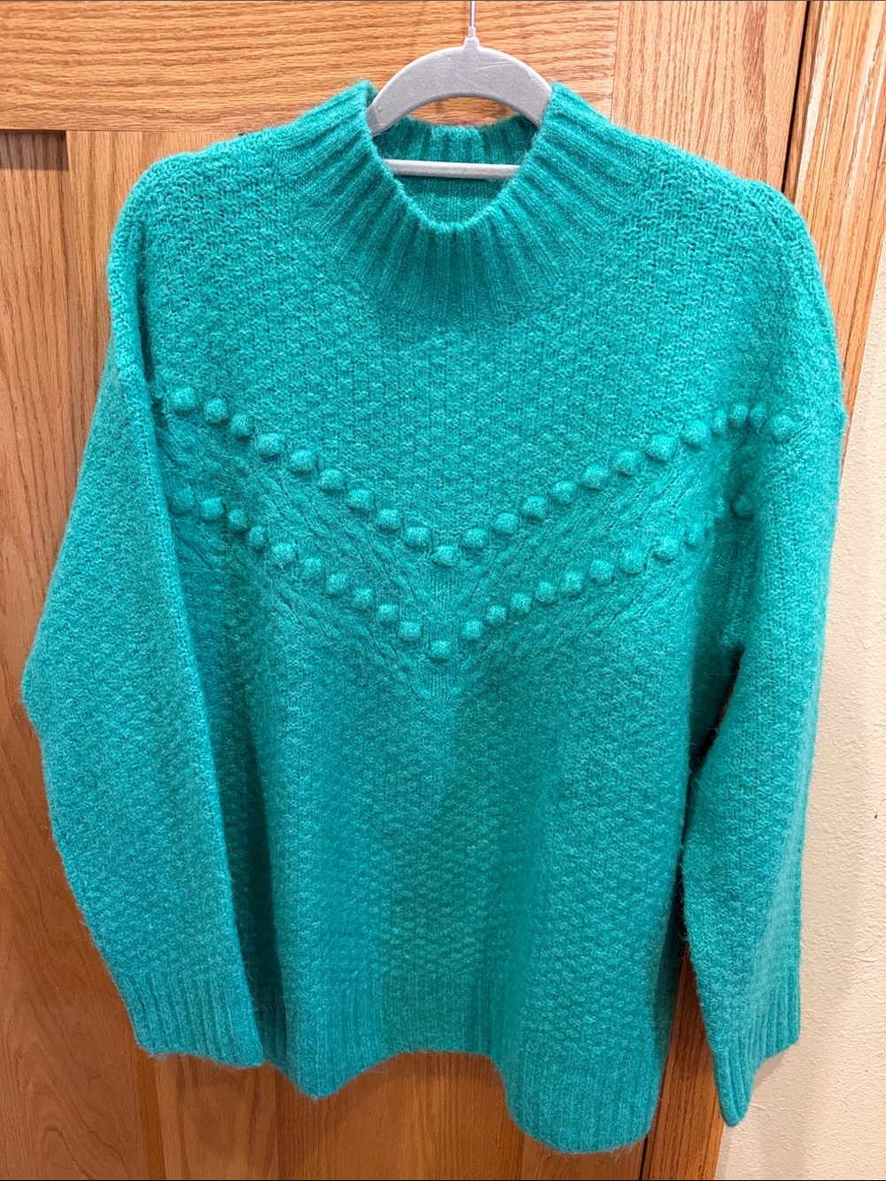 Talbots Teal Mock Neck Textured Sweater with Bobble Chevron